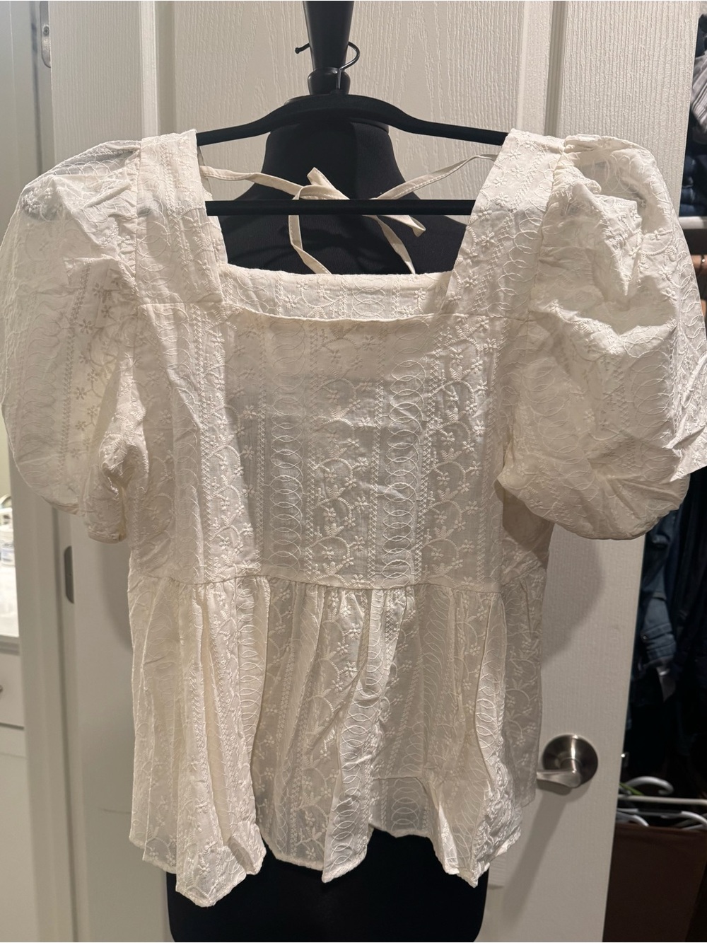 White Lace Puff Sleeve Square Neck Peplum Top